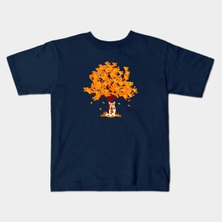 Pembroke Welsh Corgi with Scarf under Colorful Autumn Tree Kids T-Shirt